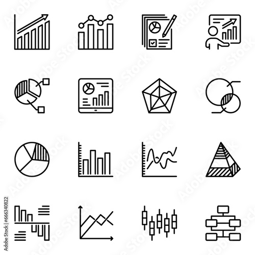 Graph and Diagrams line icons set. progress, planning, report, graph, diagram, infographic, pictogram, research, investment, accounting, chart, marketing, economy, arrow, financial, outline, analyzing