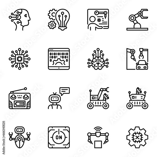 Set of Robotic Related Vector Line Icons. manufacture, manufacturing, engineer, process, production, artificial, gear, future, engine, factory, science, smart, automation, engineering