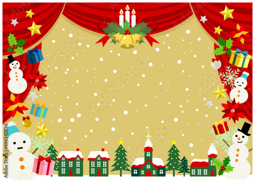 クリスマス、赤、幕、緞帳、フレーム、劇場、背景、横型、雪、かわいい、イラスト、街並み