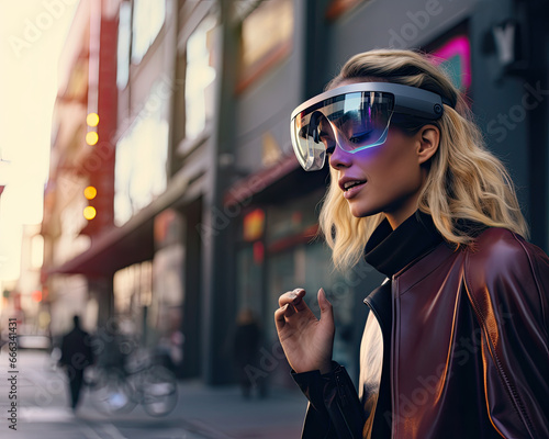 Digital Evolution Close-Up: Trendy Woman with AR Headset in Urban Setting © Davis Brown