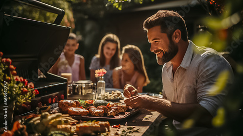 a photo of a family and friends having a picnic barbeque grill in the garden. having fun eating and enjoying time. sunny day in the summer. blur background. Generative AI