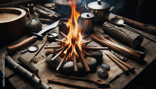 Allume-feu traditionnel en acier et silex, produisant des étincelles, posé sur une surface en bois avec des copeaux et des brindilles autour. 