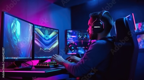 Gaming room, guy sitting at the computer and playing a game