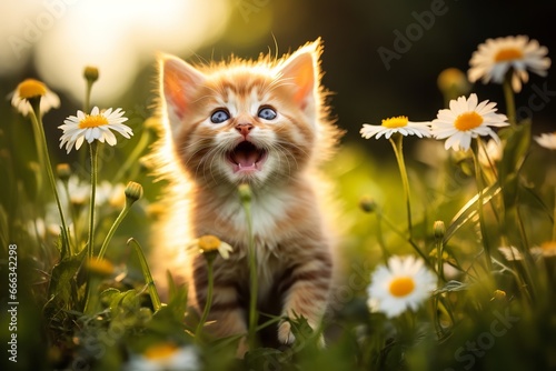 A kitten walking through a field of daisies, its playful demeanor captured in a moment of time.