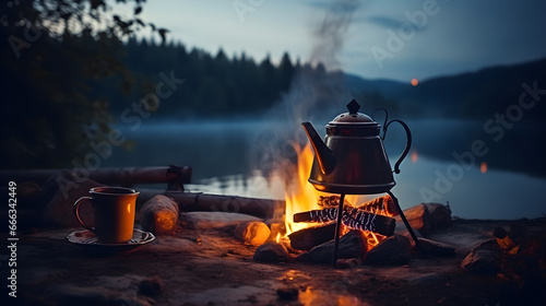 Vintage Coffee Pot on Camping Fire, Captivating Atmosphere of a Cozy Campfire