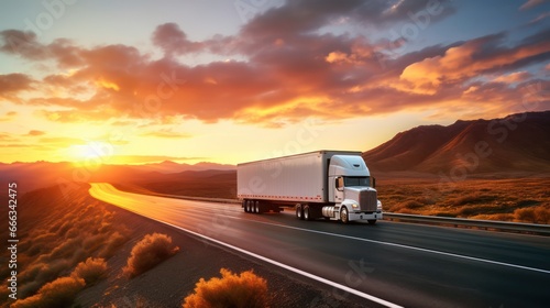 truck against the backdrop of mountains, fields and a beautiful sunset 