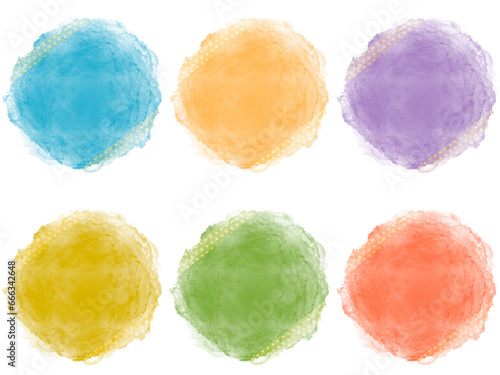 和柄飾り枠の水彩の丸いフレーム 和風カラー６色セット