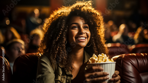 A teenage girl holds a large bucket of popcorn in a movie theater.