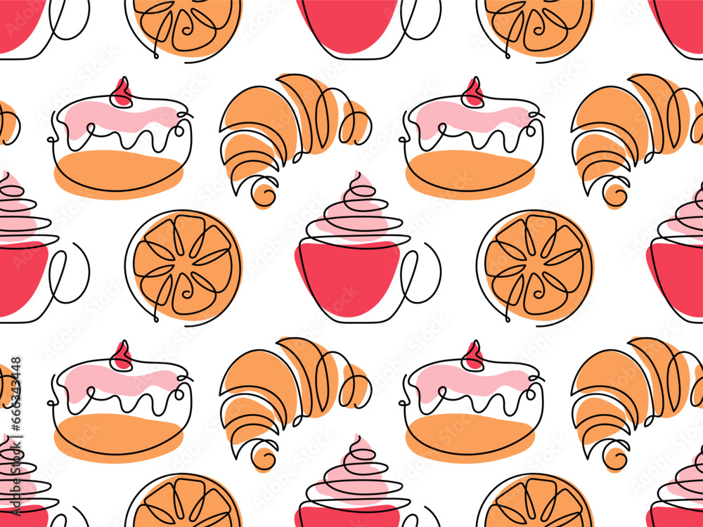 Hot drink cup, lemon, baking Seamless pattern. Lineart vector illustration with delicious sweets for tea. Doodle coffee cap, donut background for wallpaper, wrapping, textile, scrapbooking.