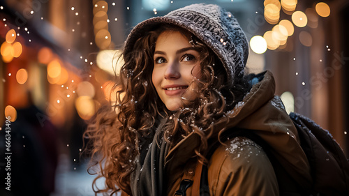 A young woman walks in the evening in the Christmas market, decorated with festive lights. winter holidays Design ai