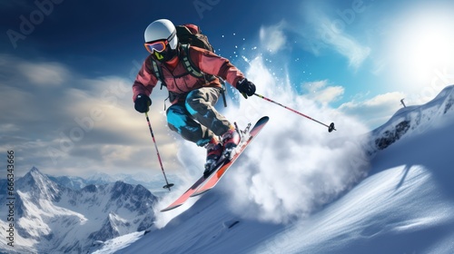 snowboarder against a background of clear sky, snow and high mountains photo