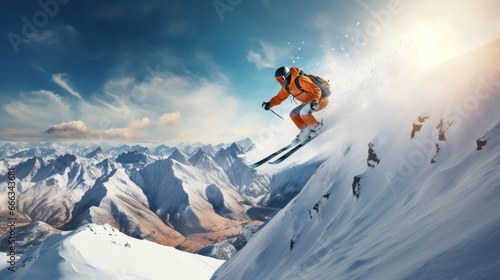 snowboarder against a background of clear sky, snow and high mountains © Terablete