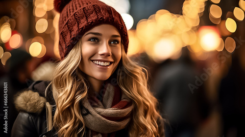 A young woman walks in the evening in the Christmas market, decorated with festive lights. winter holidays Design ai