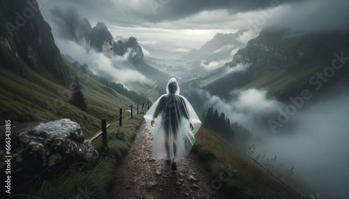 Vue d'une personne portant un poncho de pluie transparent, marchant prudemment sur un sentier escarpé et glissant en montagne. La brume et les nuages bas ajoutent une atmosphère mystique à la scène.