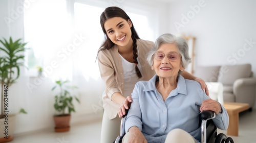 Nurses assisting elderly people at retirement home photo