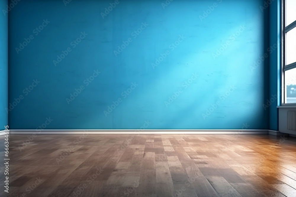 Fototapeta premium Empty blue wall and floor indoors front view, modern interior.