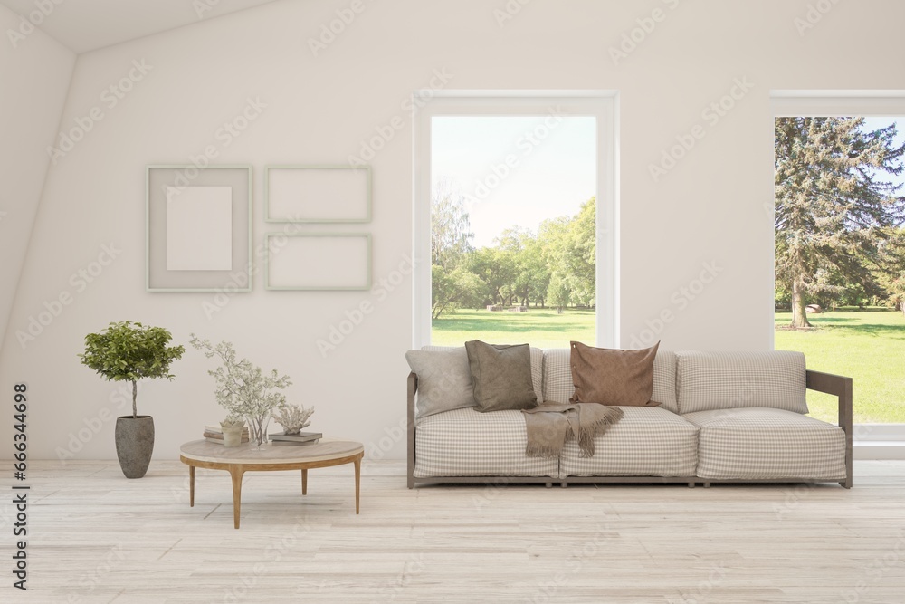 White living room with sofa and summer landscape in window. Scandinavian interior design. 3D illustration