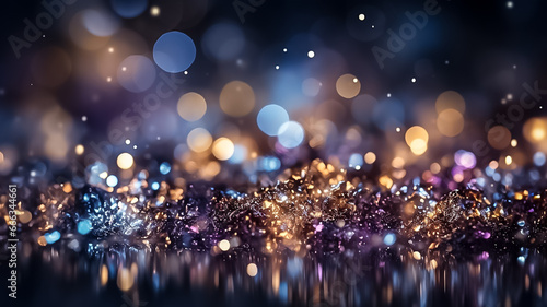 Abstract shimmering holiday background blue, gold bokeh lights Glitter illustration. Design ai photo