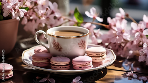 Aesthetic brunch of tea time, herbal tea and macarons dessert outside in the terrace under trendy hard shadows. Sweet desserts, natural herbal tea - natural sustainable eco-friendly lifestyle on table