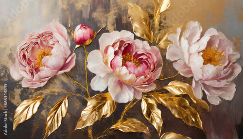 Oil painting with flower rose, peonies, gold leaves. Botanic print background on canvas - floral triptych In Interior, art. 