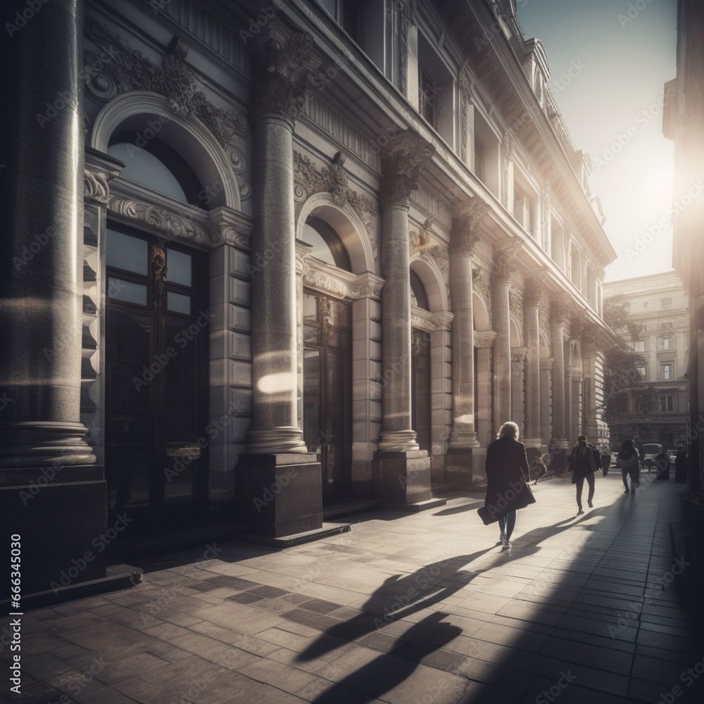 Obraz premium people walk past the bank building