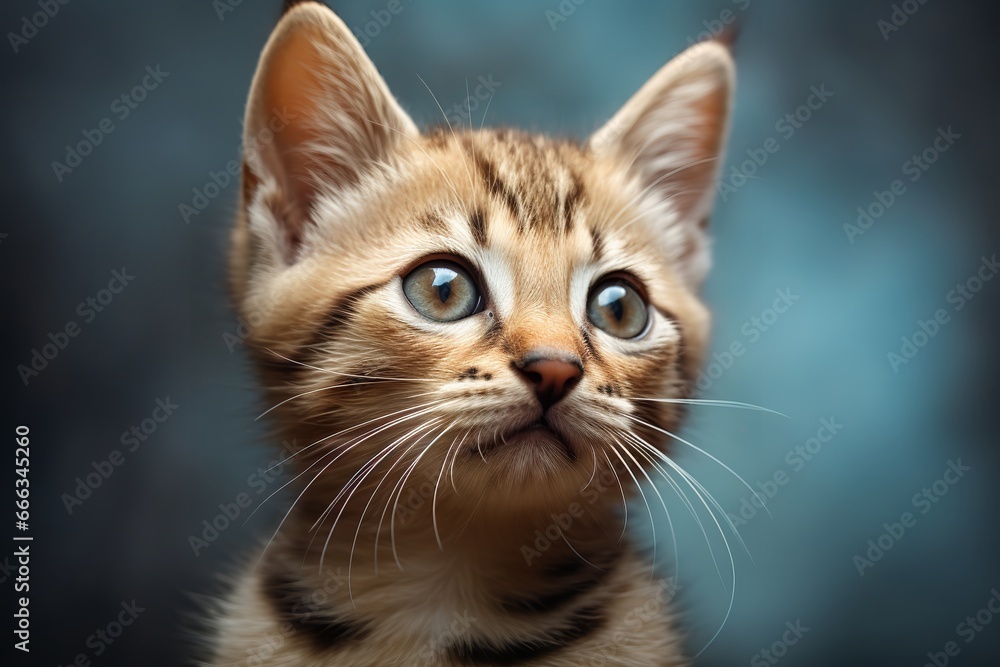A close-up of a kitten looking up at the camera with big, blue eyes and a curious expression.