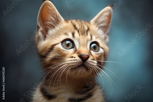 A close-up of a kitten looking up at the camera with big, blue eyes and a curious expression.