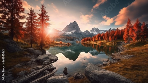 autumn view of Lake Federa in Dolomites at sunset. Fantastic autumn scene with colour sky, majestic rocky mount and colorful trees glowing sunlight in Dolomites. Location: Federa lake with Dolomite