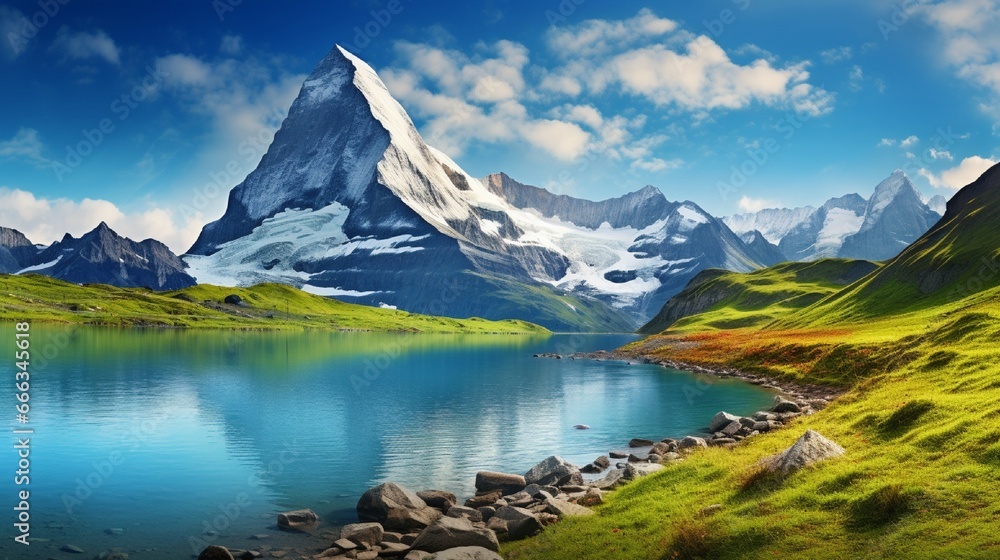 Bachalpsee lake. Highest peaks Eiger, in famous location. Switzerland alps - Grindelwald valley