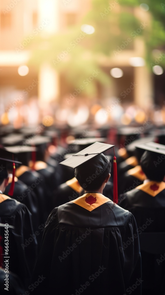 Obraz premium Close-up graduation celebration from behind, shallow depth of field, bokeh background