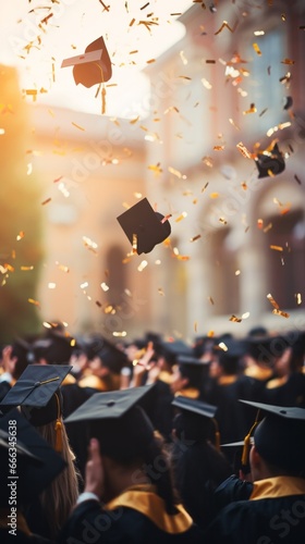 Close-up graduation celebration from behind, shallow depth of field, bokeh background