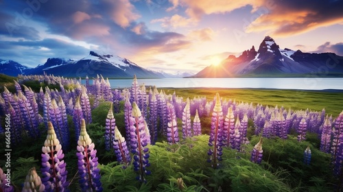 Blooming lupine flowers on the Stokksnes headland. Colorful summer panorama of the southeastern Icelandic coast with Vestrahorn (Batman Mountain). Iceland, Europe. Artistic style post processed photo