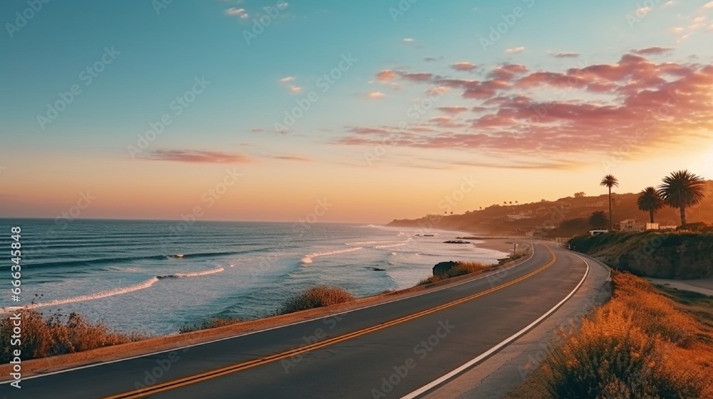 highway landscape at colorful sunset. Road view on the sea. colorful seascape with beautiful road. highway view on ocean beach. coastal road in europe. Colorful seascape in the Mediterranean