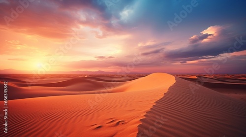 Global warming concept. Lonely sand dunes under dramatic evening sunset sky at drought desert landscape