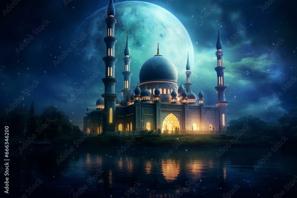 A mosque illuminated under a moonlit sky at night. Generative AI