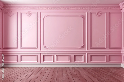 Empty pink plaster wall and floor in apartment, modern interior.