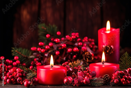 Red candles and red plant fruits for festive holiday celebration