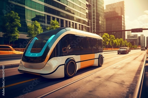 a hi-tech self-driving vehicle traversing an urban road. Generative AI