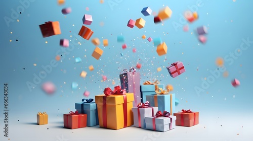 Colourful gift boxes with confetti flying and falling, holiday concept banner © Lucky Ai