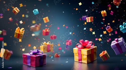 Colourful gift boxes with confetti flying and falling, holiday concept banner
