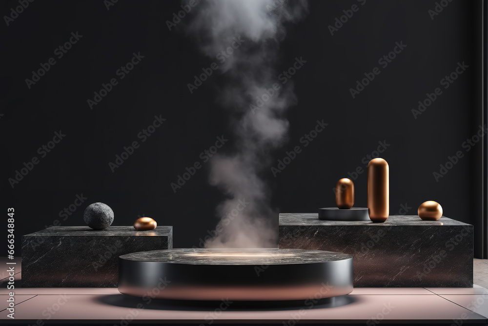 Smoke and explosions on a stone display stand on a dark background