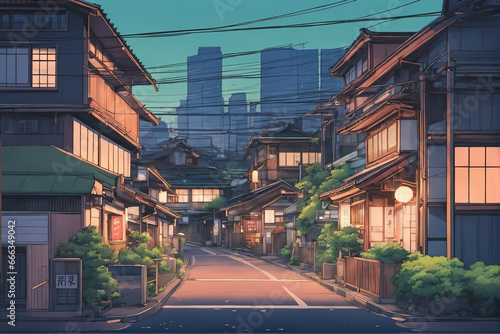 Japanese ancient architecture street in Japanese anime style