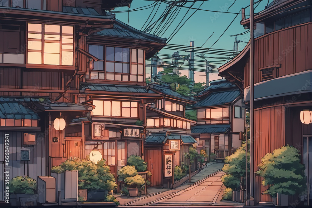 Japanese ancient architecture street in Japanese anime style Japanese ancient architecture street in Japanese anime style