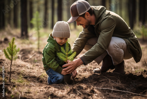 Happy father and son planting trees in forest. AI Generated Images