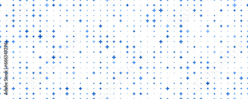 Medical cross and plus background. Abstract seamless blue pattern for hospital and pharmacy. Geometrical shapes ornament. Vector backdrop
