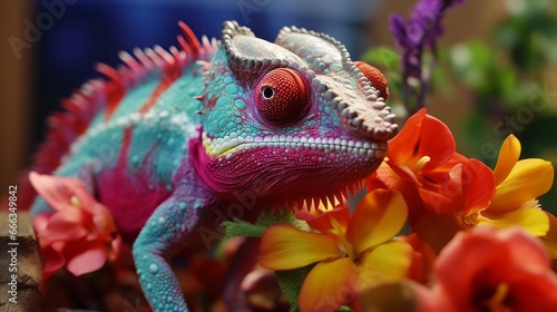 Chameleon on the flower. Beautiful extreme close-up.