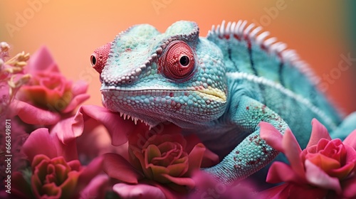 Chameleon on the flower. Beautiful extreme close-up. © Panyamethi