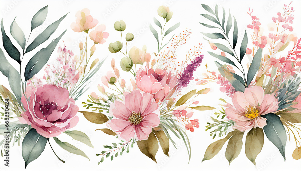 pink watercolor arrangements with flowers, set, bundle, bouquets with wildflowers, leaves, branches. Botanical illustration 