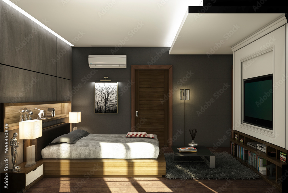 Fototapeta premium 3d render illustration Classic loft style bedroom in black gray color Looks good, stylish, decorated to be sharp and unique