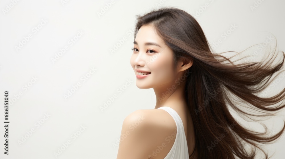 Portrait of a Beautiful Asian Woman with her Smooth skin looks at the camera on a White background in Studio light.